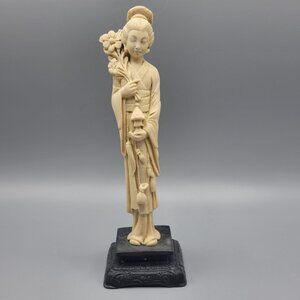 Vintage Asian Female Resin Figurine With Floral Details Black Base 8"